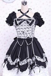 Black/White Cotton Square Collar Lace Trim Gothic Lolita Dress